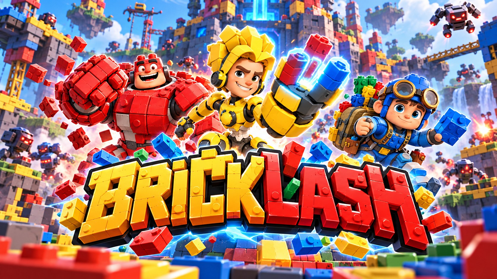 Bricklash key art: three brick-built heroes charge out of the Block Fortress as robot invaders swarm the sky.
