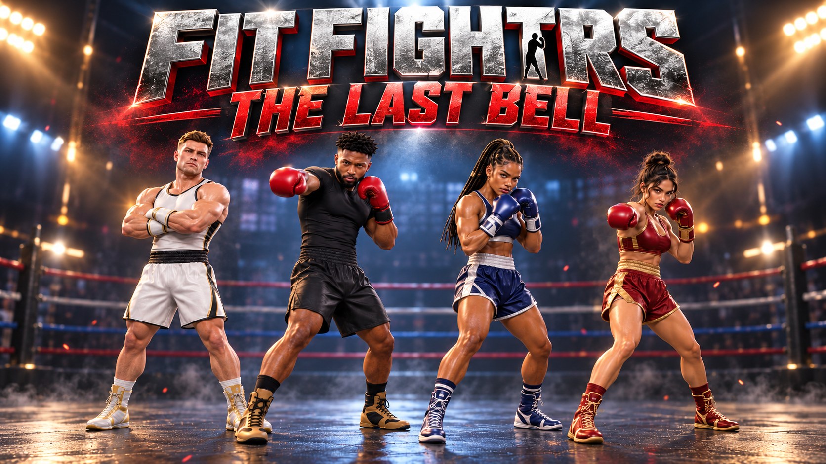 Fit Fighters: The Last Bell cover art: four boxers in gloves stand ready in a lit arena ring under the game's title.